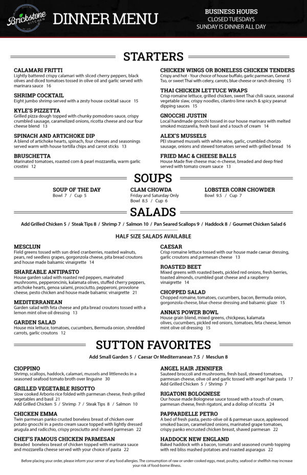 Menu | Brickstone Kitchen | Sutton, MA • (508) 865-8650