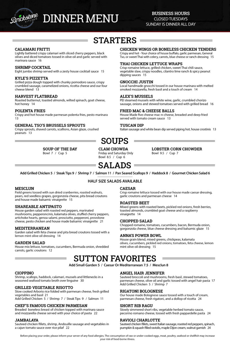 Menu | Brickstone Kitchen | Sutton, MA • (508) 865-8650